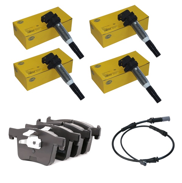 BMW F32 428i　イグニッションコイル 4本　フロント ブレーキパッド(低ダスト)　フロント パッドセンサー　3点セット